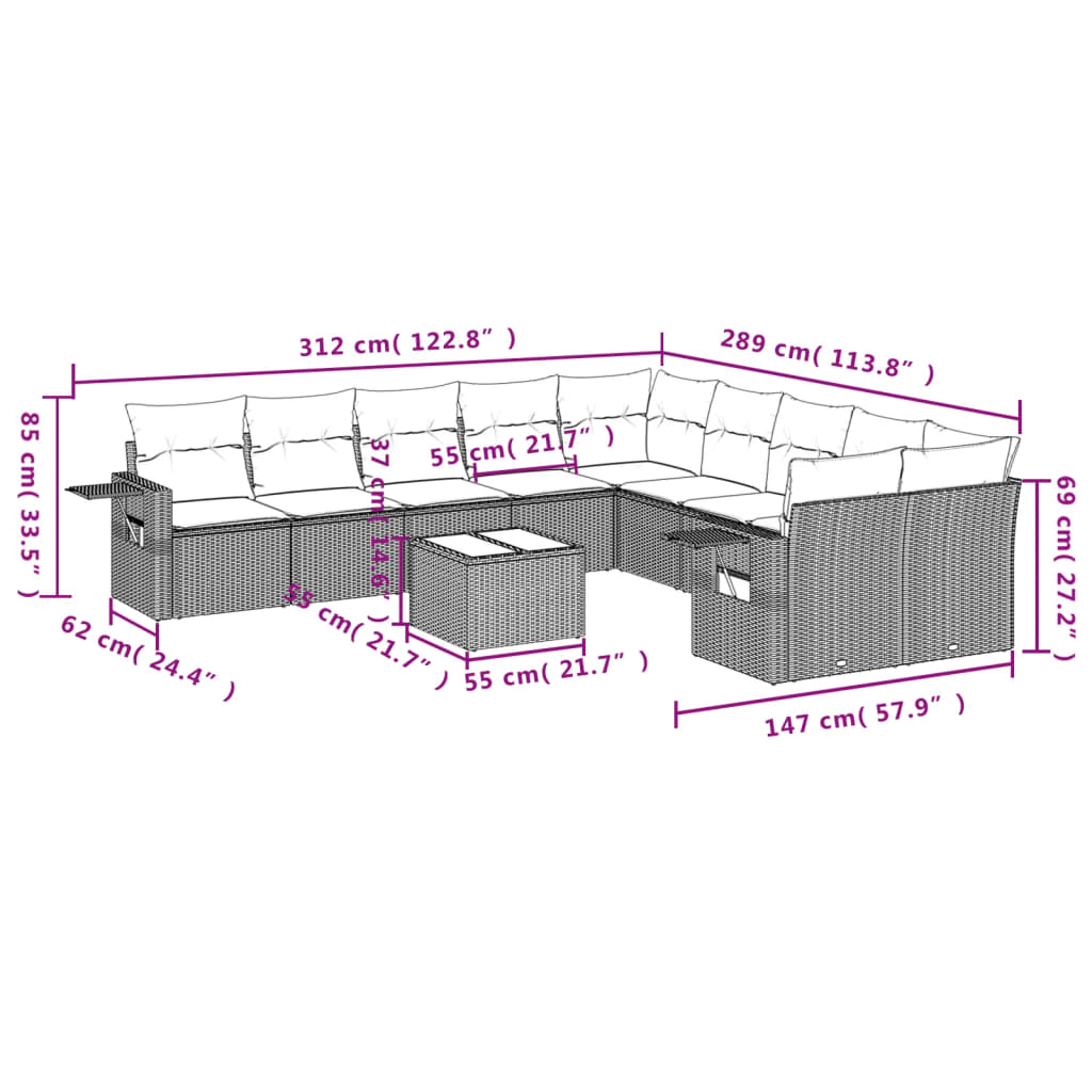 11-teiliges Gartensofa-Set mit Kissen, schwarzes Polyrattan