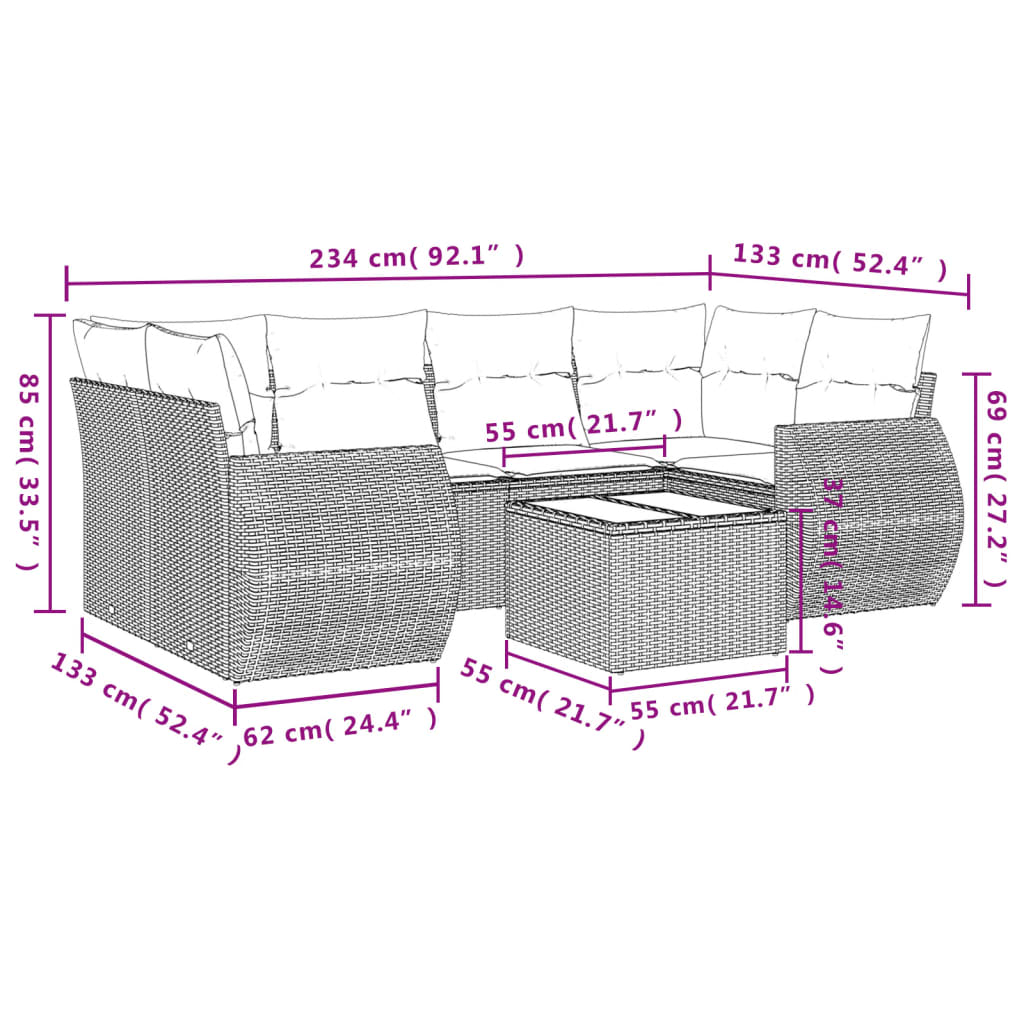 7-tlg. Garten-Sofagarnitur mit Kissen Braun Poly Rattan