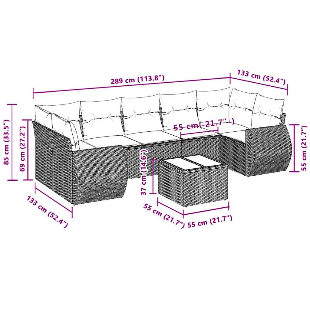 8-tlg. Garten-Sofagarnitur mit Kissen Hellgrau Poly Rattan