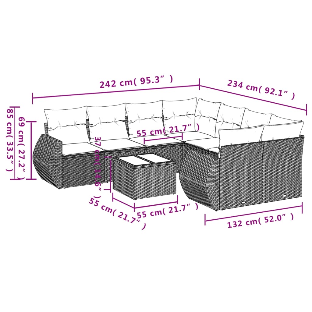 9-tlg. Garten-Sofagarnitur mit Kissen Braun Poly Rattan