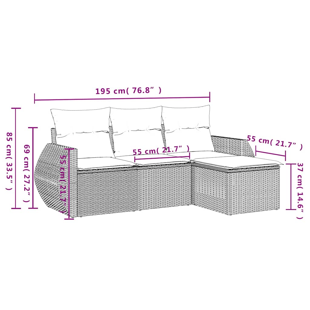 4-tlg. Garten-Sofagarnitur mit Kissen Hellgrau Poly Rattan