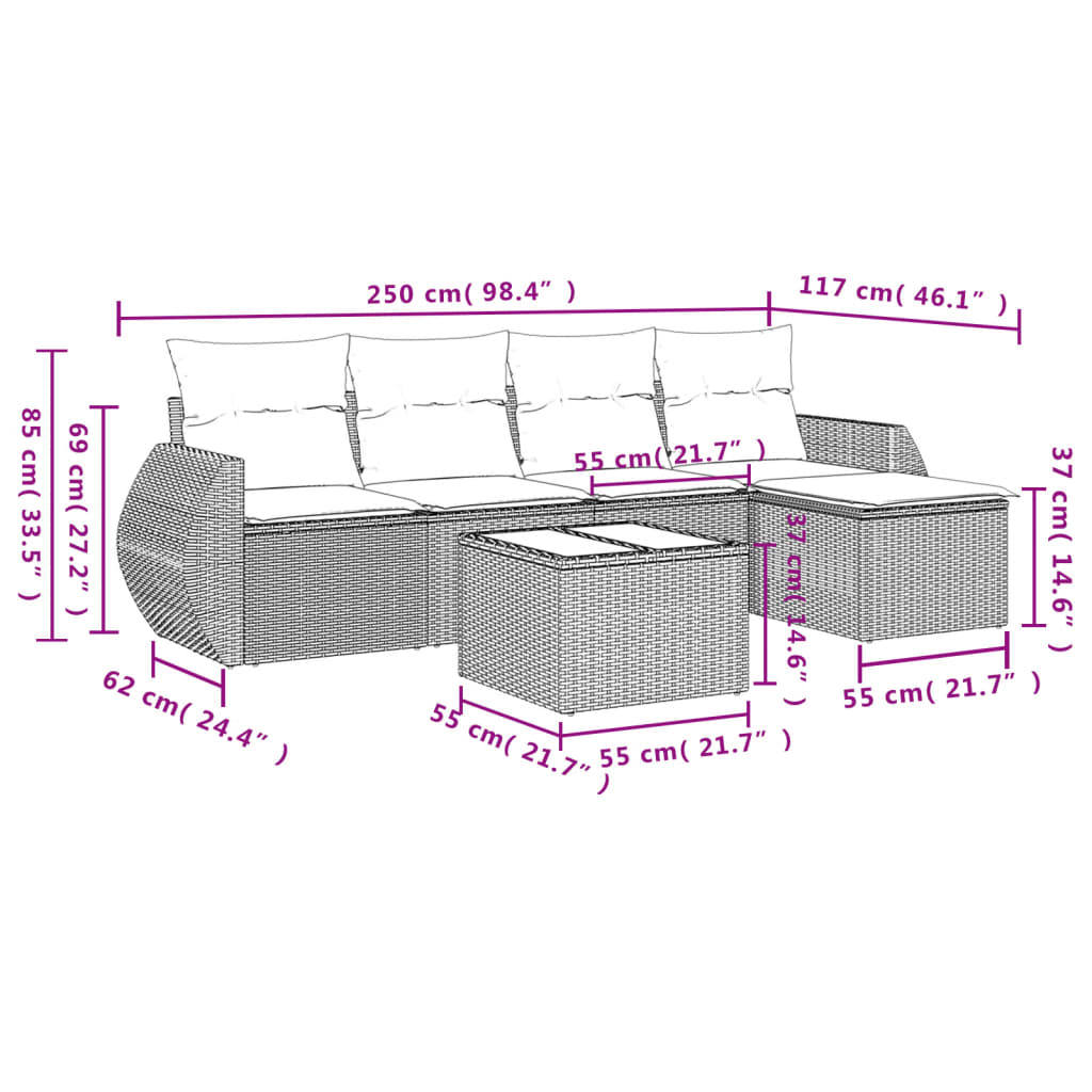 6-tlg. Garten-Sofagarnitur mit Kissen Braun Poly Rattan