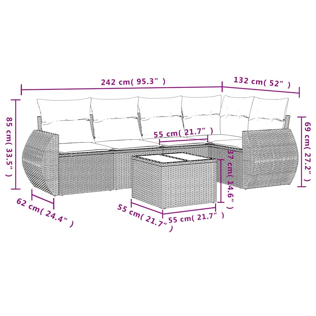6-tlg. Garten-Sofagarnitur mit Kissen Hellgrau Poly Rattan