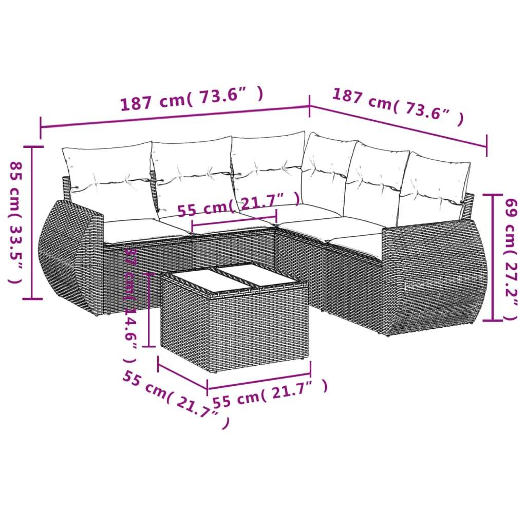 6-teiliges Gartensofa-Set mit Kissen, grau, Polyrattan