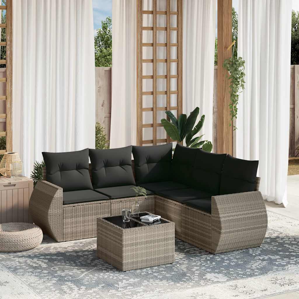 6-tlg. Garten-Sofagarnitur mit Kissen Hellgrau Poly Rattan