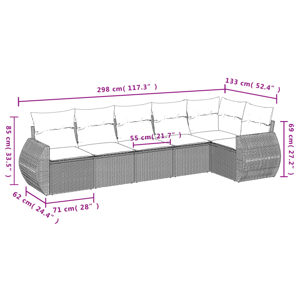 6-tlg. Garten-Sofagarnitur mit Kissen Braun Poly Rattan