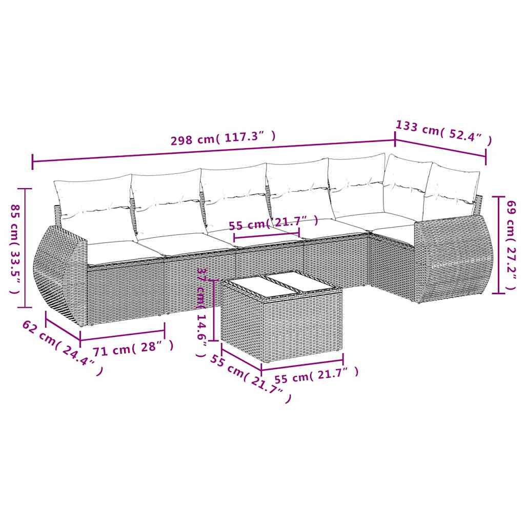 7-teiliges Gartensofa-Set mit Kissen, schwarzes Polyrattan