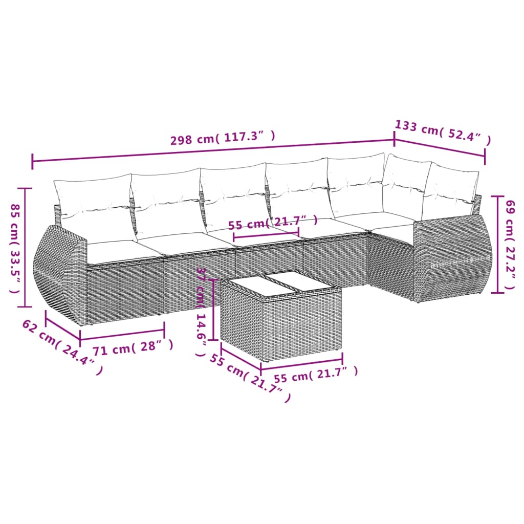 7-teiliges Gartensofa-Set mit Kissen, grau, Polyrattan
