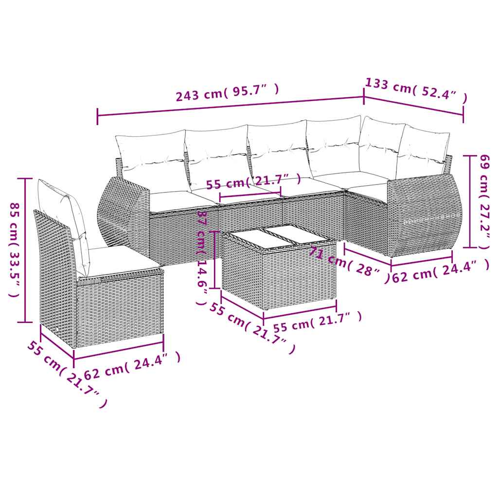 7-teiliges Gartensofa-Set mit Kissen, schwarzes Polyrattan