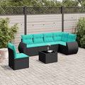 7-teiliges Gartensofa-Set mit Kissen, schwarzes Polyrattan