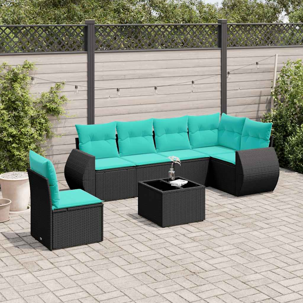 7-teiliges Gartensofa-Set mit Kissen, schwarzes Polyrattan