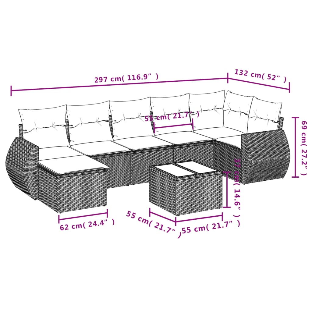 8-teiliges Gartensofa-Set mit Kissen, schwarzes Polyrattan