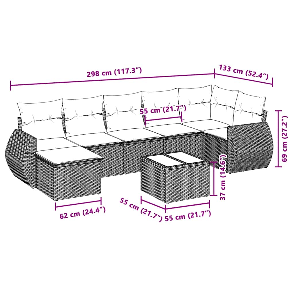 8-tlg. Garten-Sofagarnitur mit Kissen Hellgrau Poly Rattan