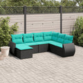 7-teiliges Gartensofa-Set mit Kissen, schwarzes Polyrattan
