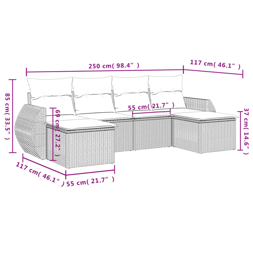 6-teiliges Gartensofa-Set mit Kissen, schwarzes Polyrattan