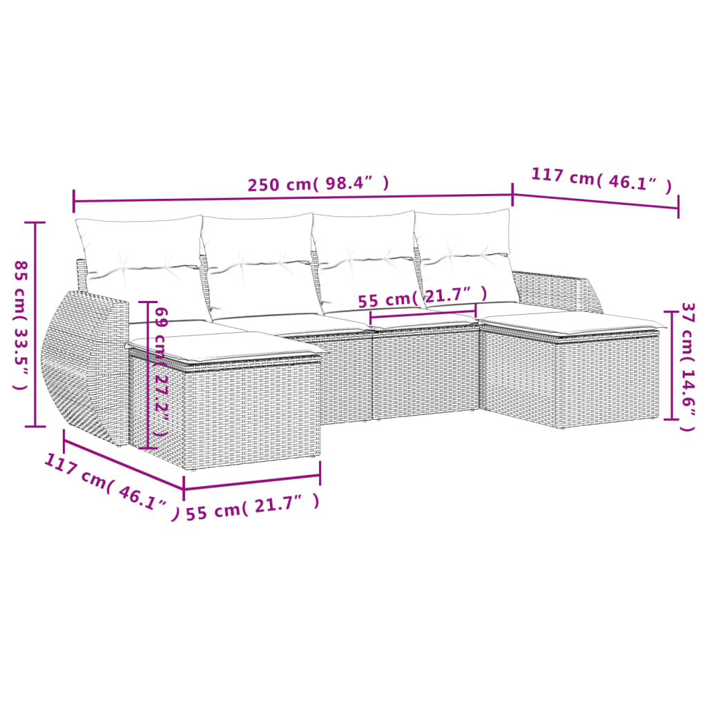 6-teiliges Gartensofa-Set mit Kissen, braun, Polyrattan
