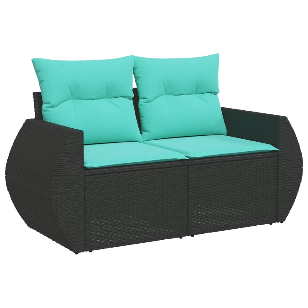 9-teiliges Gartensofa-Set mit Kissen, schwarzes Polyrattan