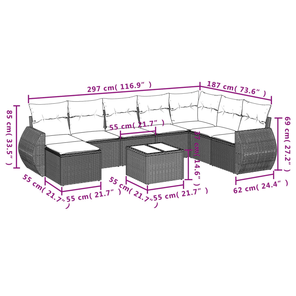 9-teiliges Gartensofa-Set mit Kissen, grau, Polyrattan