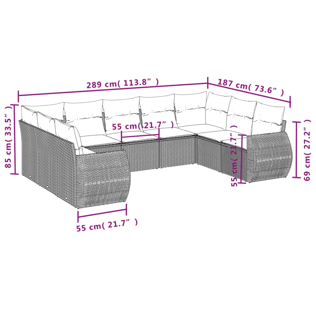 9-tlg. Garten-Sofagarnitur mit Kissen Braun Poly Rattan