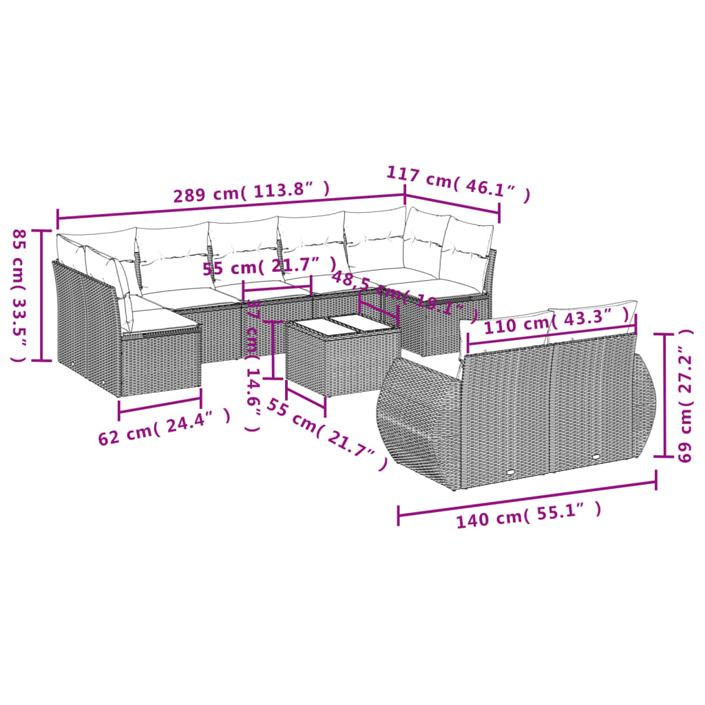 10-teiliges Gartensofa-Set mit Kissen, grau, Polyrattan