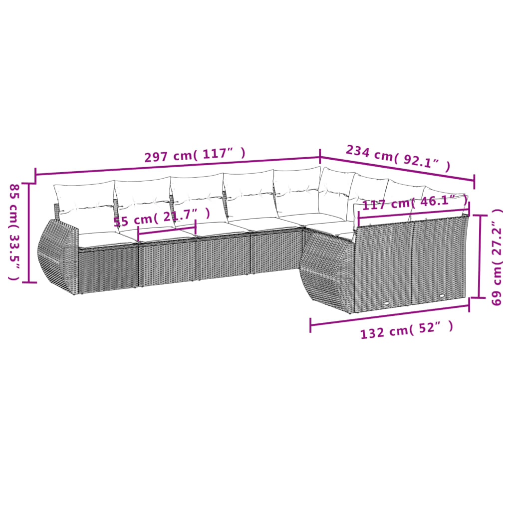 9-teiliges Gartensofa-Set mit Kissen, schwarzes Polyrattan