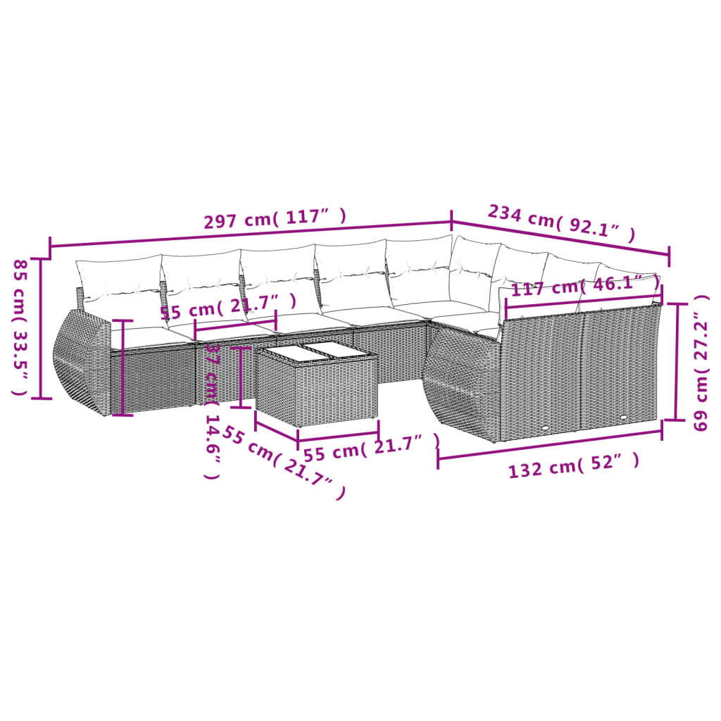 10-teiliges Gartensofa-Set mit Kissen, schwarzes Polyrattan