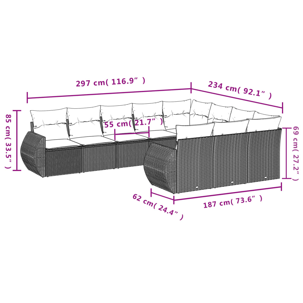 10-teiliges Gartensofa-Set mit Kissen, grau, Polyrattan