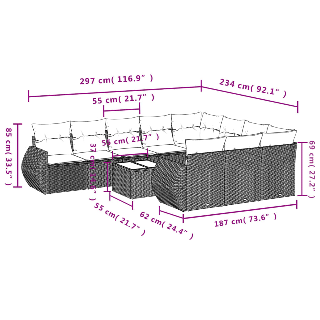 11-teiliges Gartensofa-Set mit Kissen, schwarzes Polyrattan