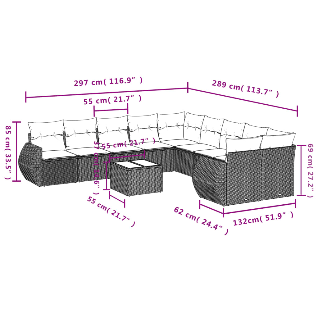 11-teiliges Gartensofa-Set mit Kissen, braun, Polyrattan
