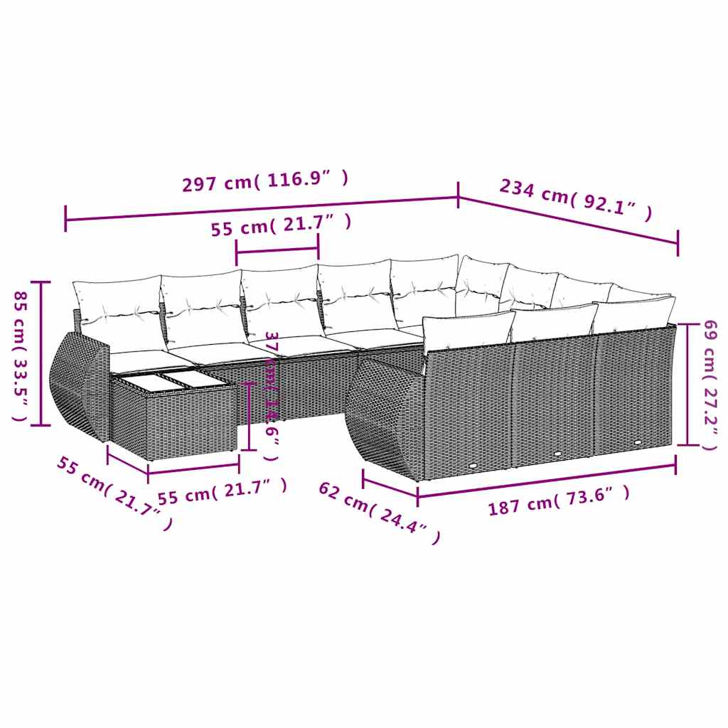 11-tlg. Garten-Sofagarnitur mit Kissen Hellgrau Poly Rattan