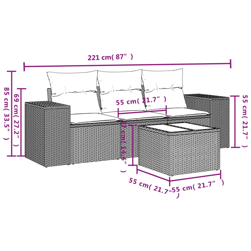4-teiliges Gartensofa-Set mit Kissen, grau, Polyrattan