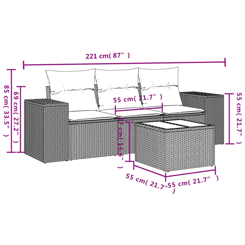 4-teiliges Gartensofa-Set mit Kissen, braun, Polyrattan