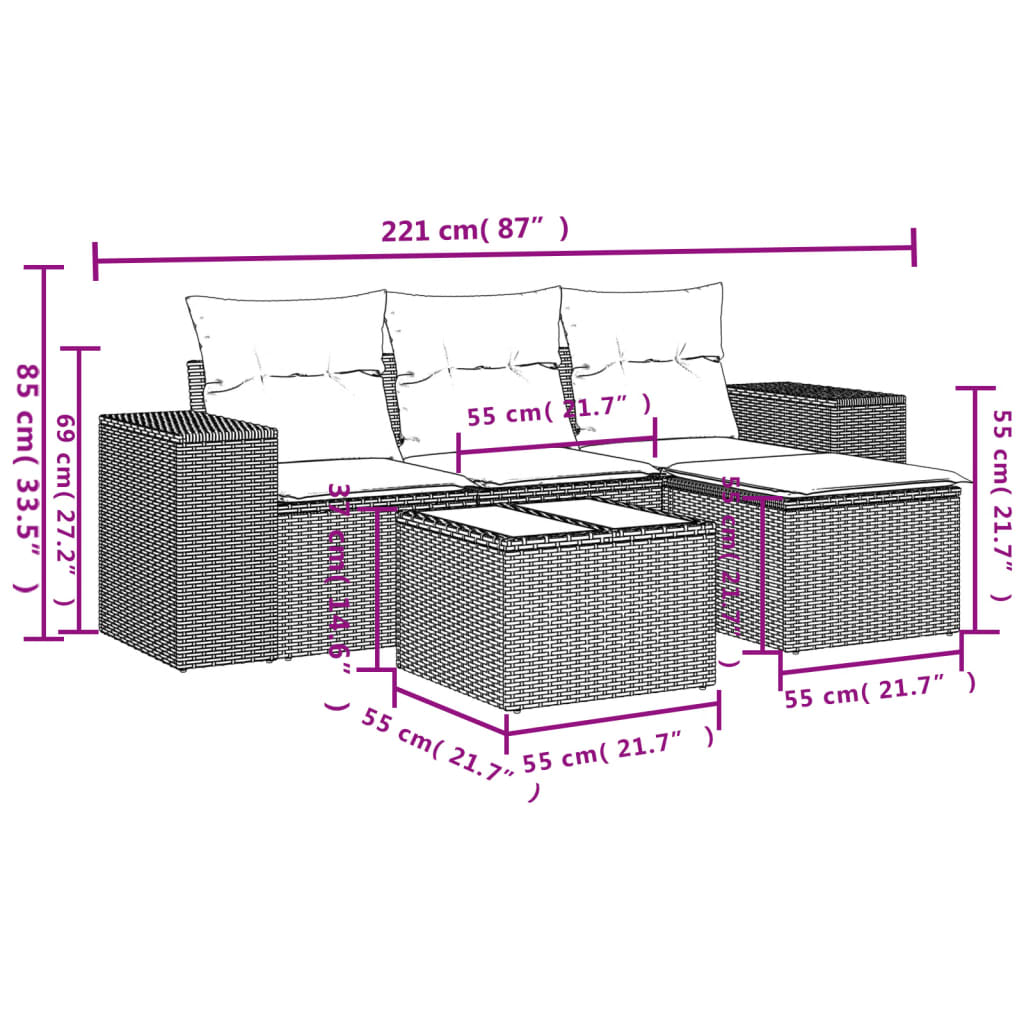 5-teiliges Gartensofa-Set mit Kissen, braun, Polyrattan