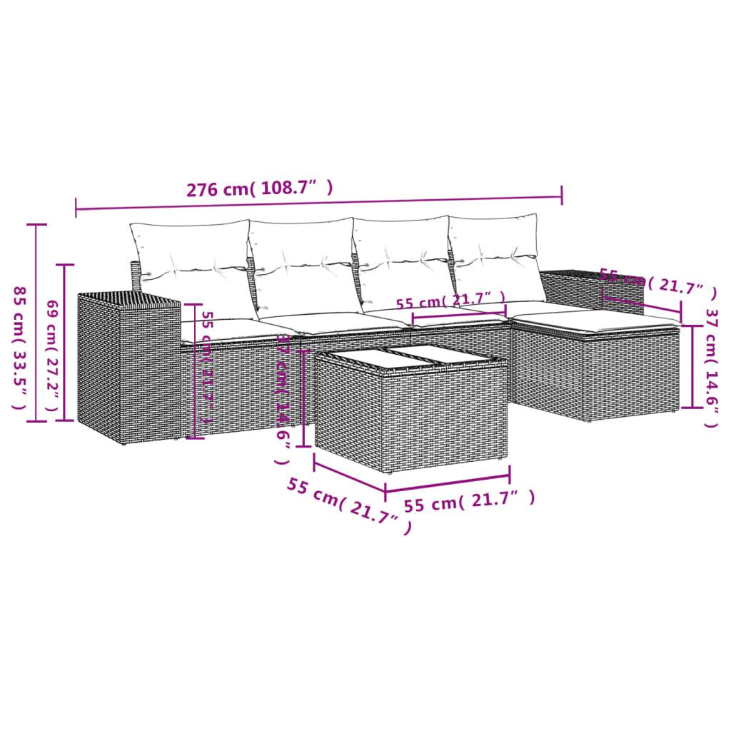 6-teiliges Gartensofa-Set mit Kissen, braun, Polyrattan