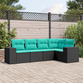 5-teiliges Gartensofa-Set mit Kissen, schwarzes Polyrattan