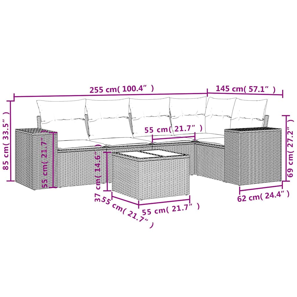 6-teiliges Gartensofa-Set mit Kissen, braun, Polyrattan