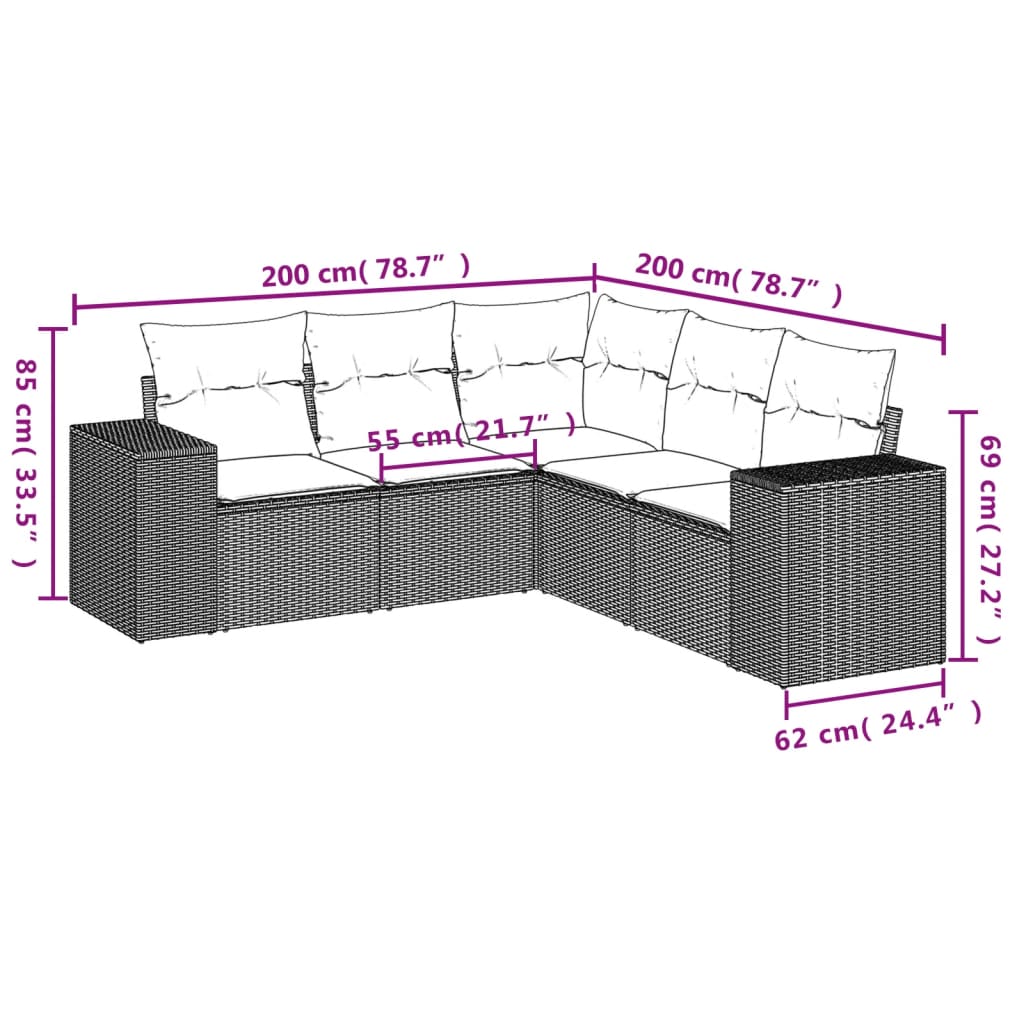 5-tlg. Garten-Sofagarnitur mit Kissen Grau Poly Rattan