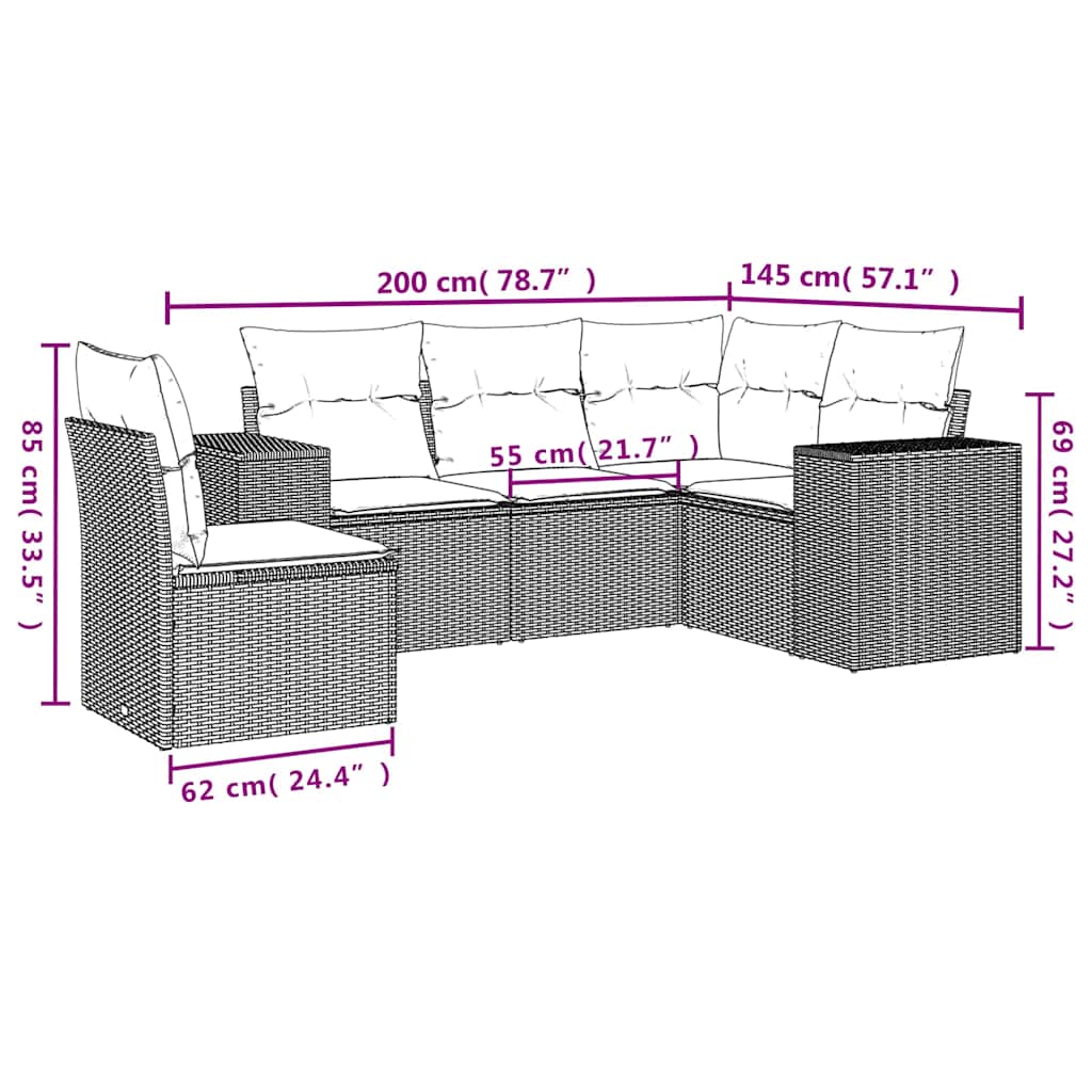 5-teiliges Gartensofa-Set mit Kissen, schwarzes Polyrattan
