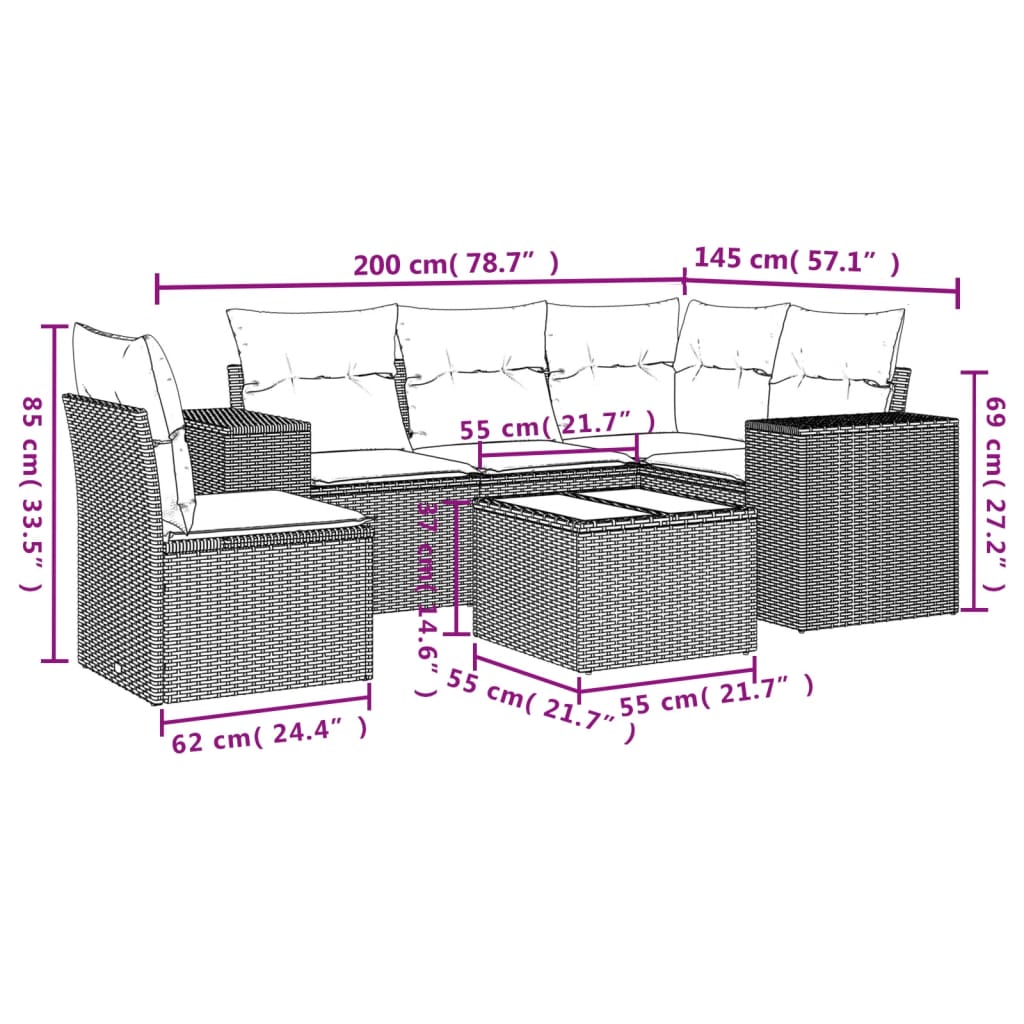 6-tlg. Garten-Sofagarnitur mit Kissen Braun Poly Rattan