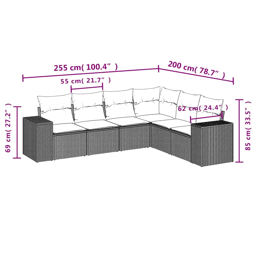 6-tlg. Garten-Sofagarnitur mit Kissen Hellgrau Poly Rattan