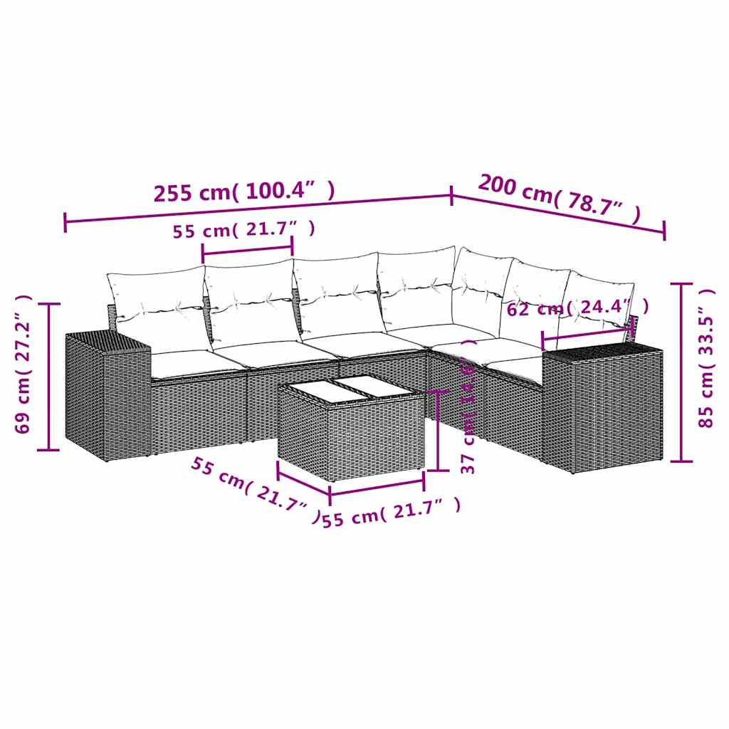 7-tlg. Garten-Sofagarnitur mit Kissen Hellgrau Poly Rattan