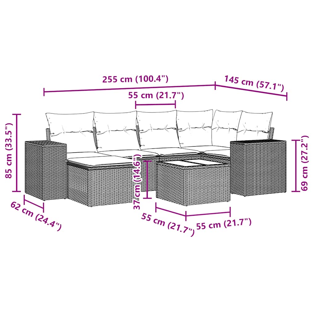 7-tlg. Garten-Sofagarnitur mit Kissen Hellgrau Poly Rattan
