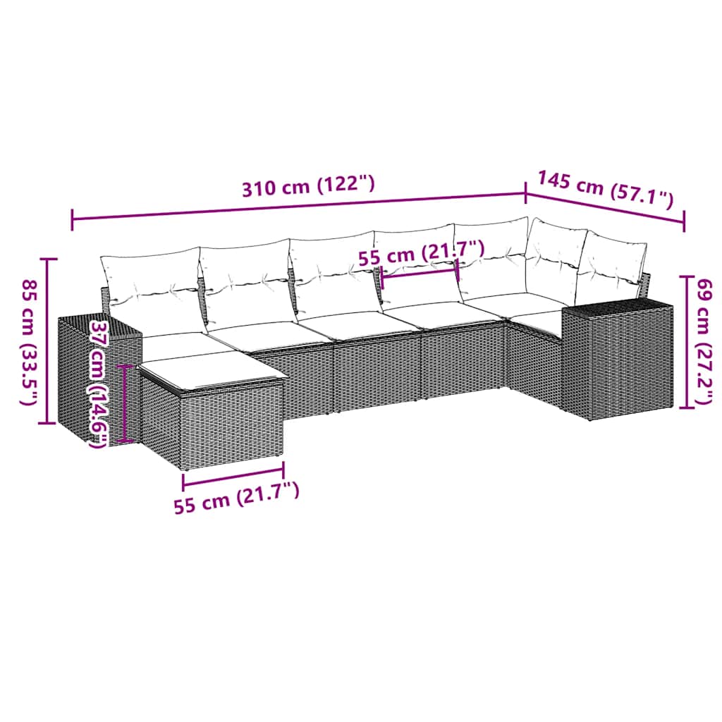 7-tlg. Garten-Sofagarnitur mit Kissen Hellgrau Poly Rattan