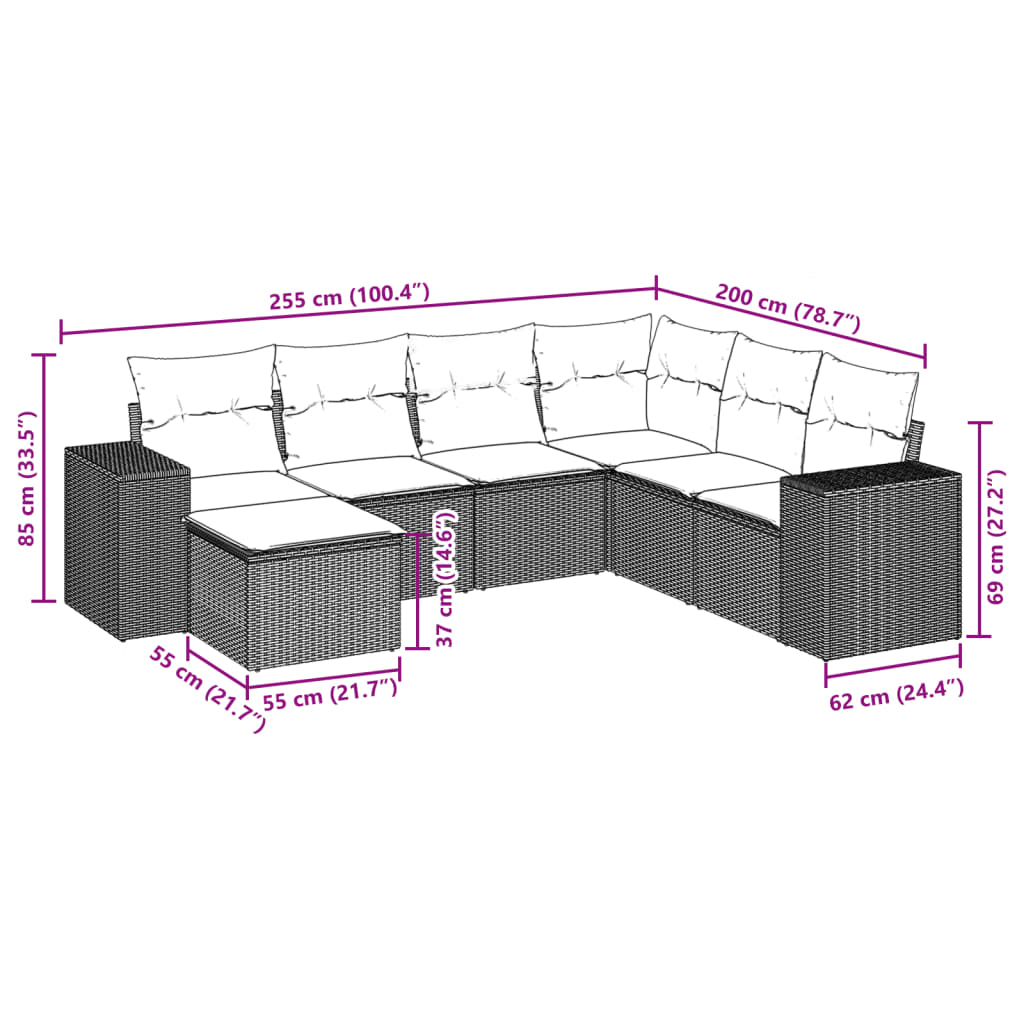 7-tlg. Garten-Sofagarnitur mit Kissen Beige Poly Rattan