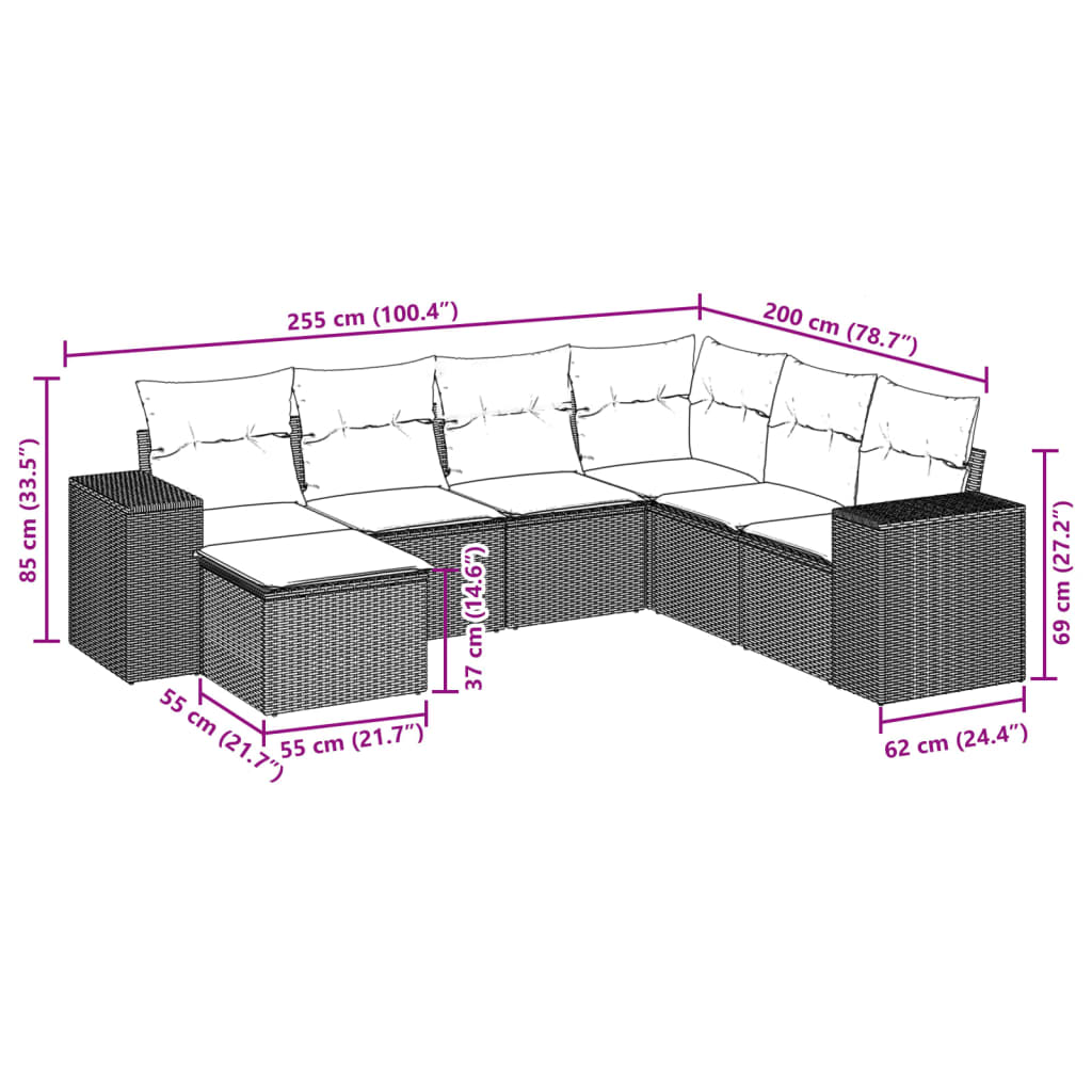 7-tlg. Garten-Sofagarnitur mit Kissen Grau Poly Rattan