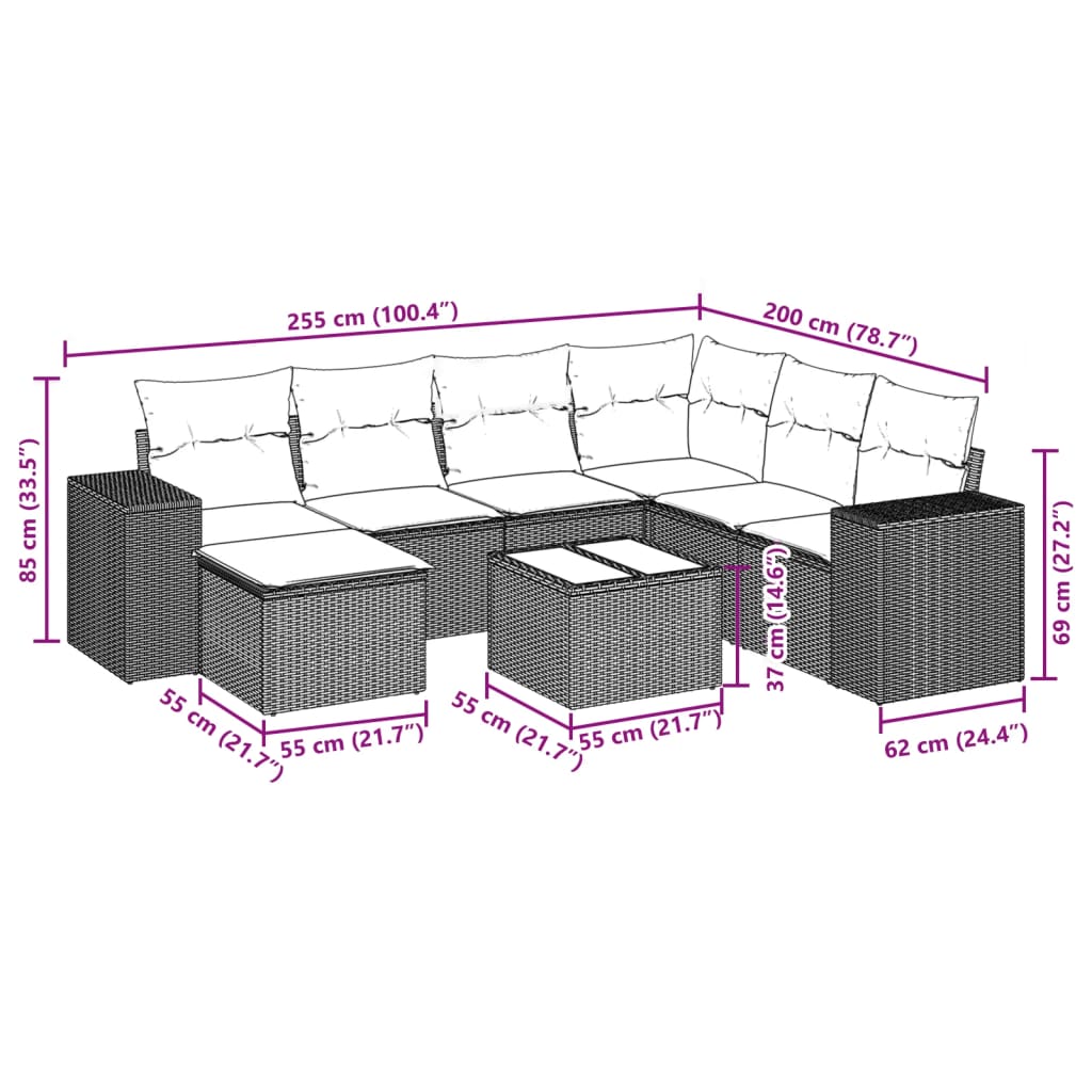8-tlg. Garten-Sofagarnitur mit Kissen Schwarz Poly Rattan
