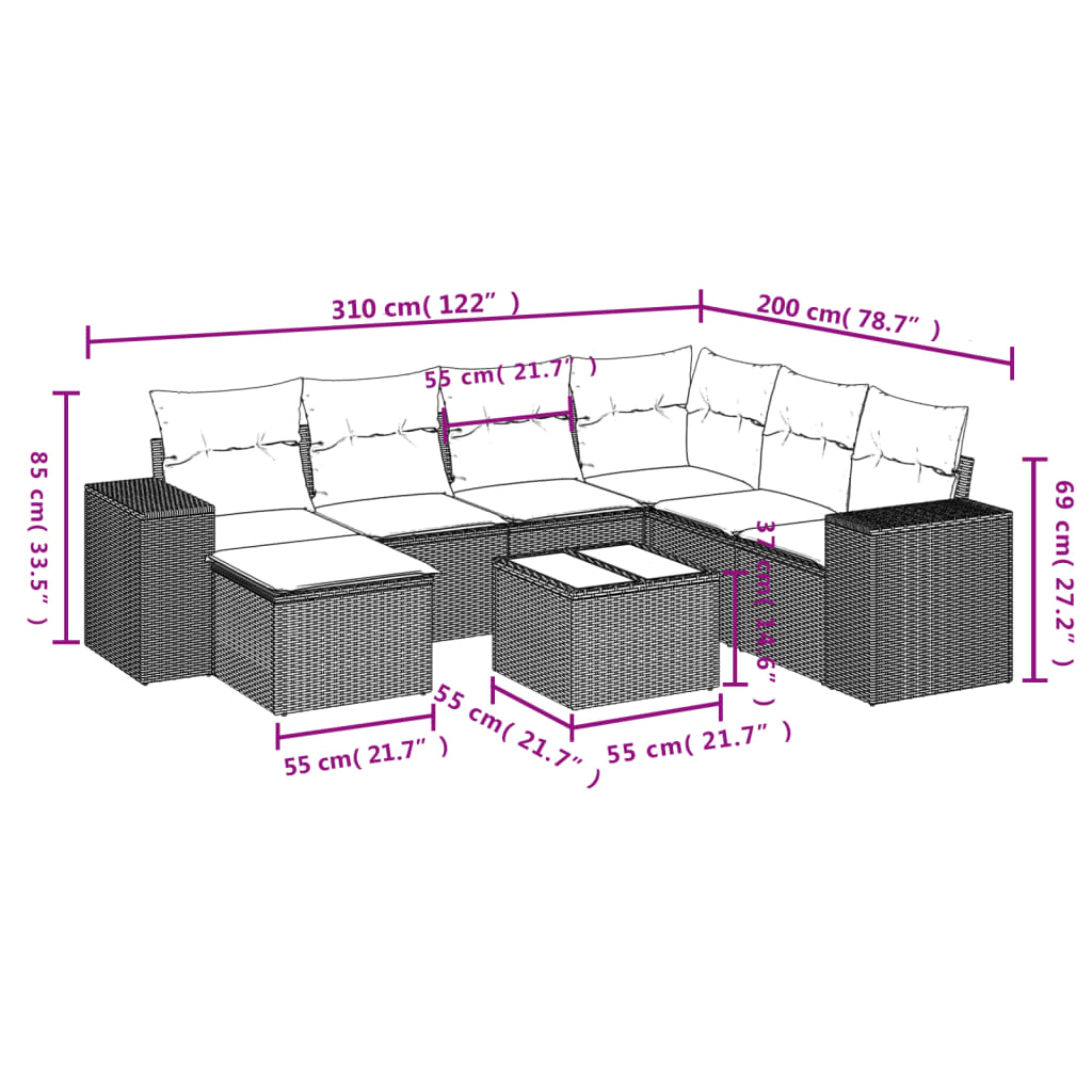 8-teiliges Gartensofa-Set mit Kissen, braun, Polyrattan