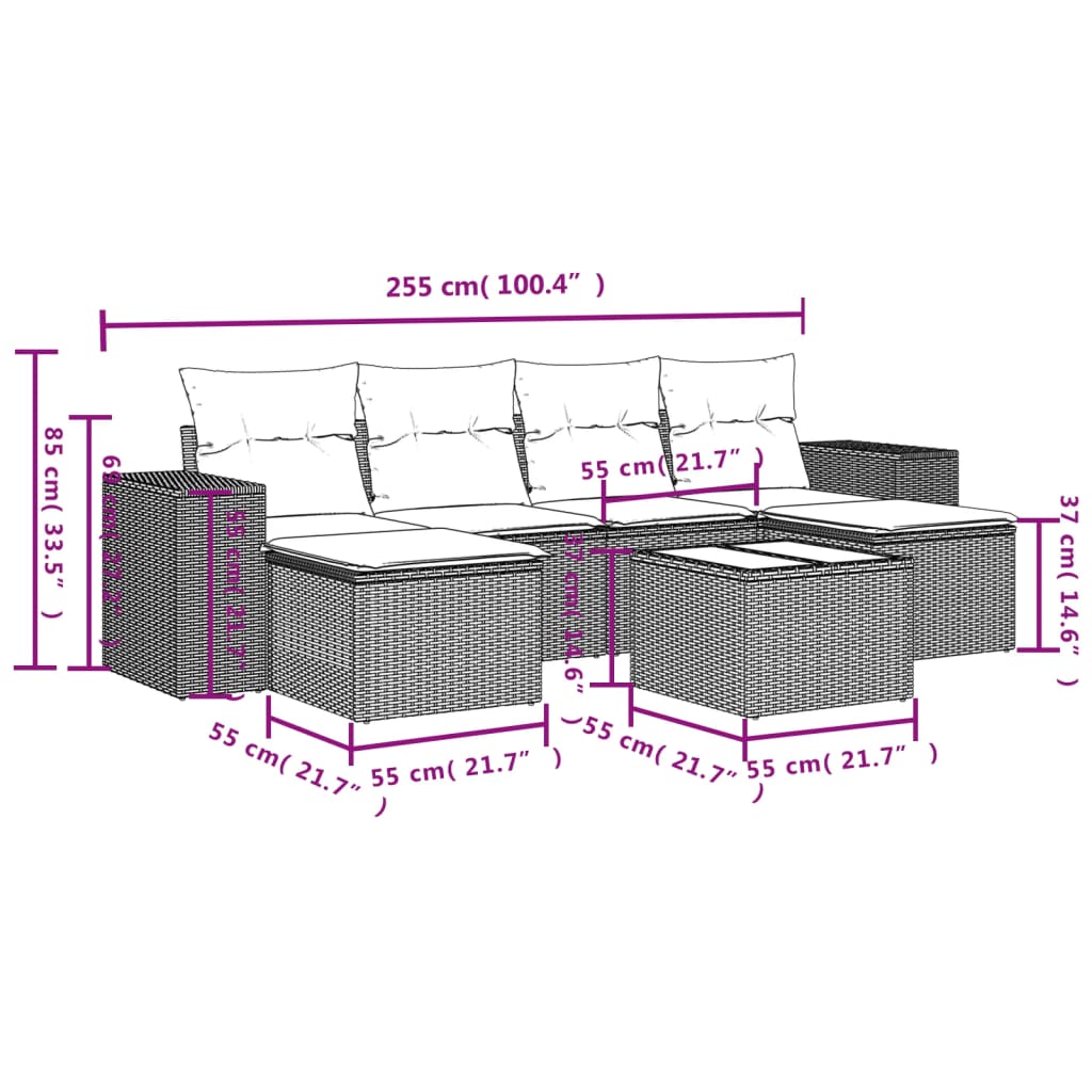 7-teiliges Gartensofa-Set mit Kissen, schwarzes Polyrattan