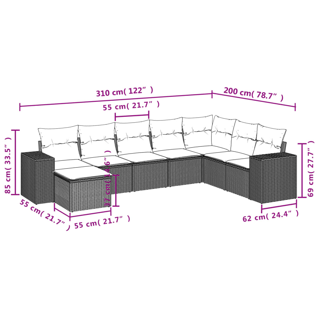8-tlg. Garten-Sofagarnitur mit Kissen Grau Poly Rattan