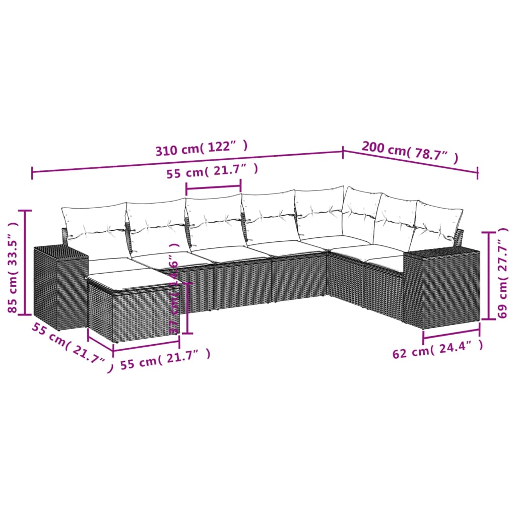 8-tlg. Garten-Sofagarnitur mit Kissen Braun Poly Rattan